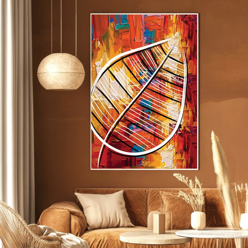 Wadi Home abstract leaf wall art canvas with textured red, orange, and yellow paint strokes in a modern living room.