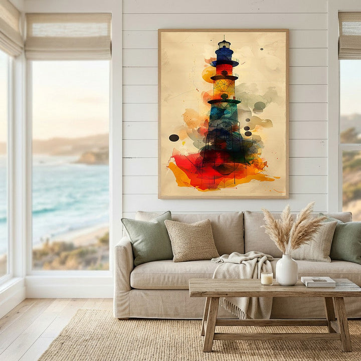 Wadi Home abstract lighthouse wall art print with red, blue, and gold watercolor accents in a coastal living room.