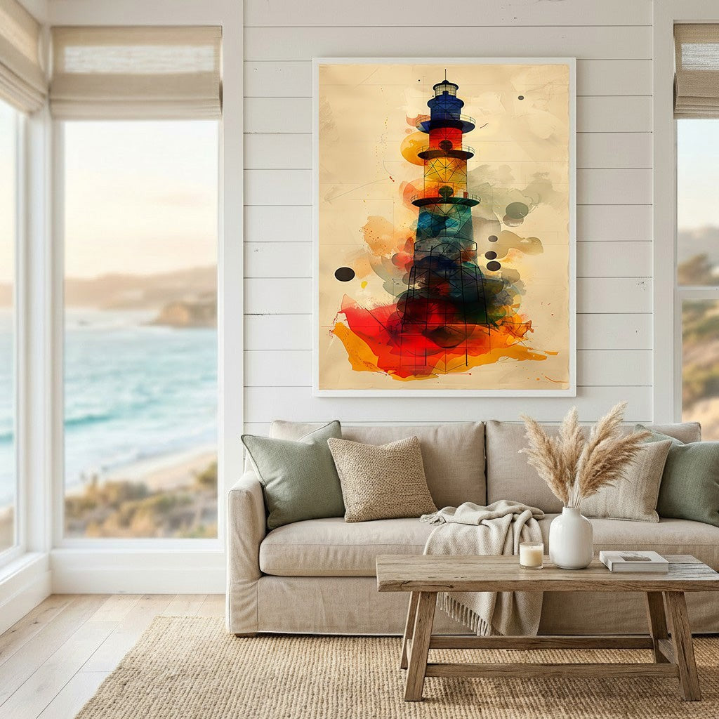 Wadi Home abstract lighthouse wall art print with red, blue, and gold watercolor accents in a coastal living room.