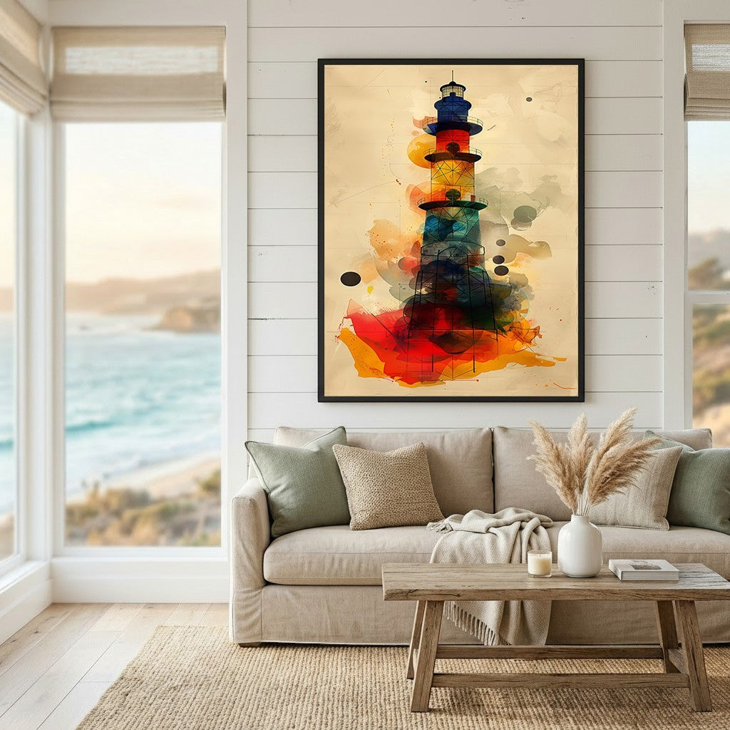Wadi Home abstract lighthouse wall art print with vibrant red, blue, and gold watercolor accents in a coastal living room