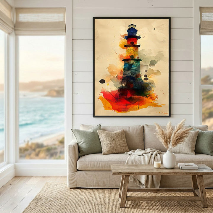 Wadi Home abstract lighthouse wall art print with vibrant red, blue, and gold watercolor accents in a coastal living room