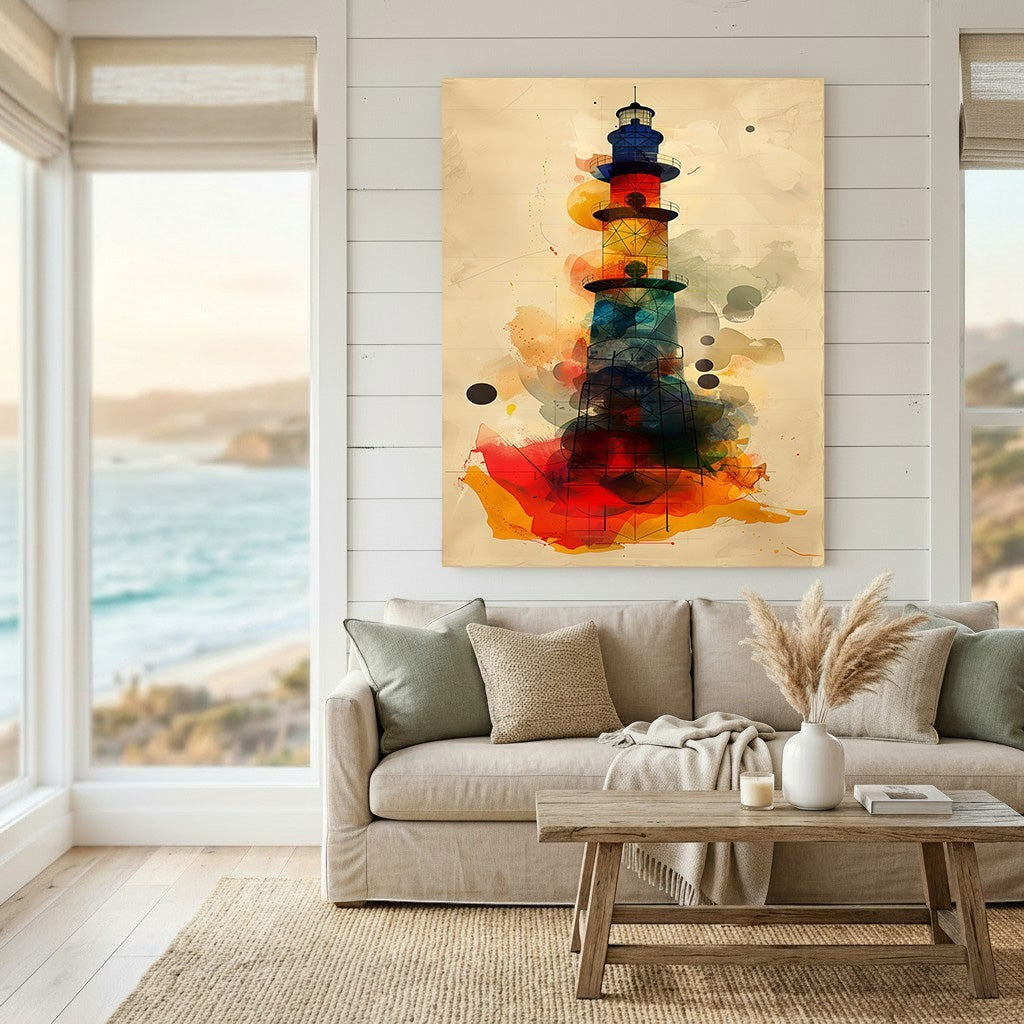 Wadi Home abstract lighthouse wall art print with red, blue, and gold watercolor accents in a coastal living room.
