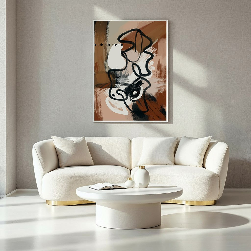 Wadi Home abstract line art canvas print in earthy tones with black lines, displayed above a cream sofa.