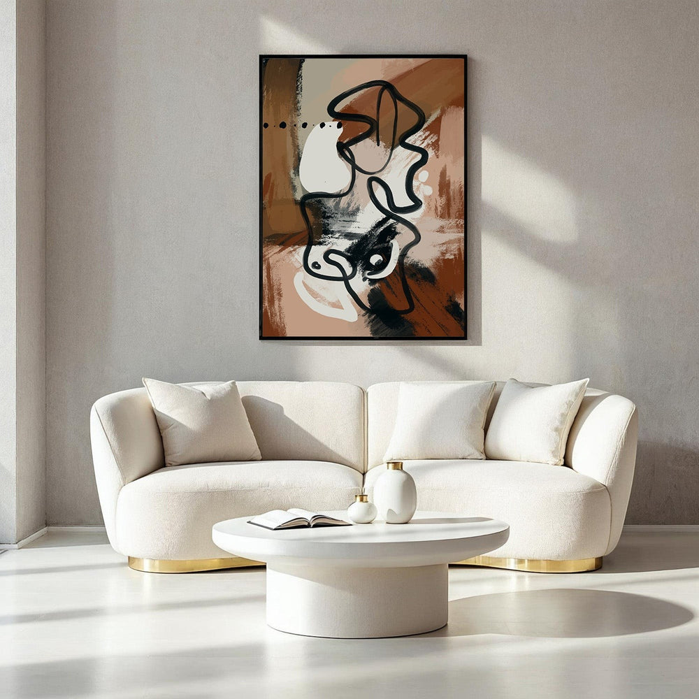 Wadi Home abstract line art canvas print in earthy tones with black and white accents, framed in black.