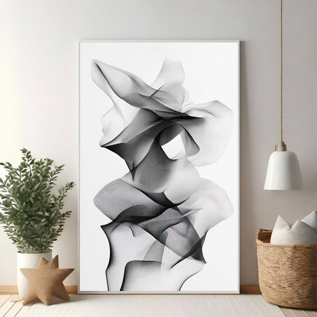 Wadi Home abstract monochrome line art print with flowing, interwoven lines creating depth and movement. Modern minimalist wall art.