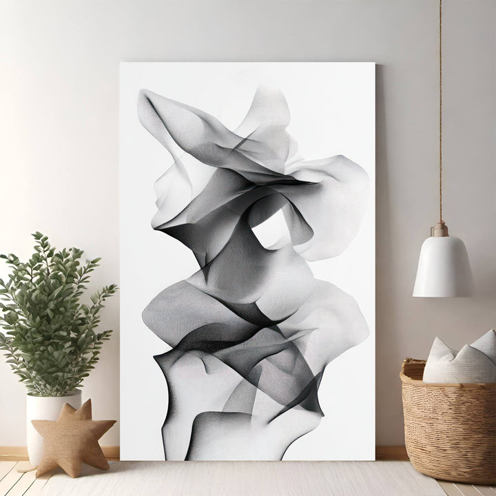 Wadi Home abstract monochrome line art print with flowing, interwoven lines creating depth and movement.