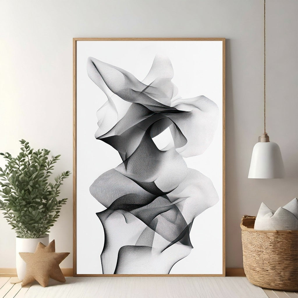 Wadi Home abstract monochrome line art print with flowing, interwoven lines creating depth and movement.