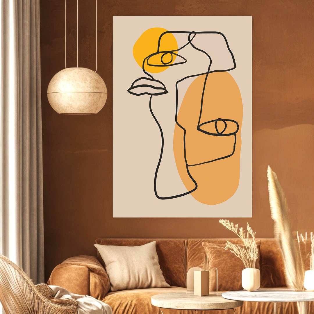 Wadi Home abstract line art wall print featuring a minimalist face in ochre and yellow on a neutral background.
