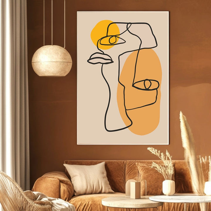 Wadi Home abstract line art wall print featuring a minimalist face illustration in ochre and yellow on a neutral background