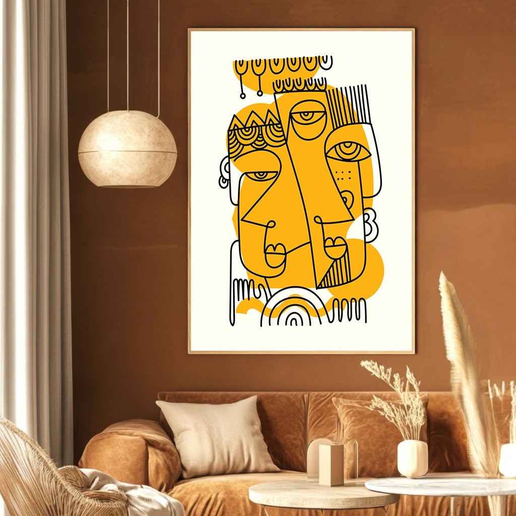 Wadi Home abstract line art print featuring black faces on mustard yellow accents, displayed in a modern living room.