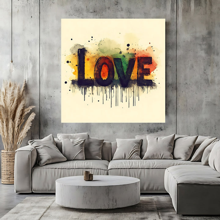 Wadi Home abstract love typography framed wall art with watercolor splashes on a cream background above a grey sofa.