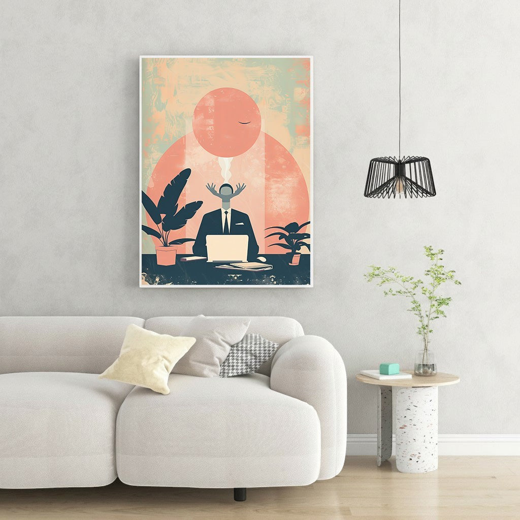 Wadi Home abstract wall art of a man in a suit at a desk with a laptop, surrounded by plants, in warm muted tones.