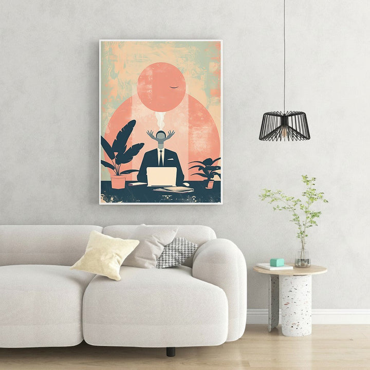 Wadi Home abstract wall art of a man in a suit at a desk with a laptop, surrounded by plants, in warm muted tones.