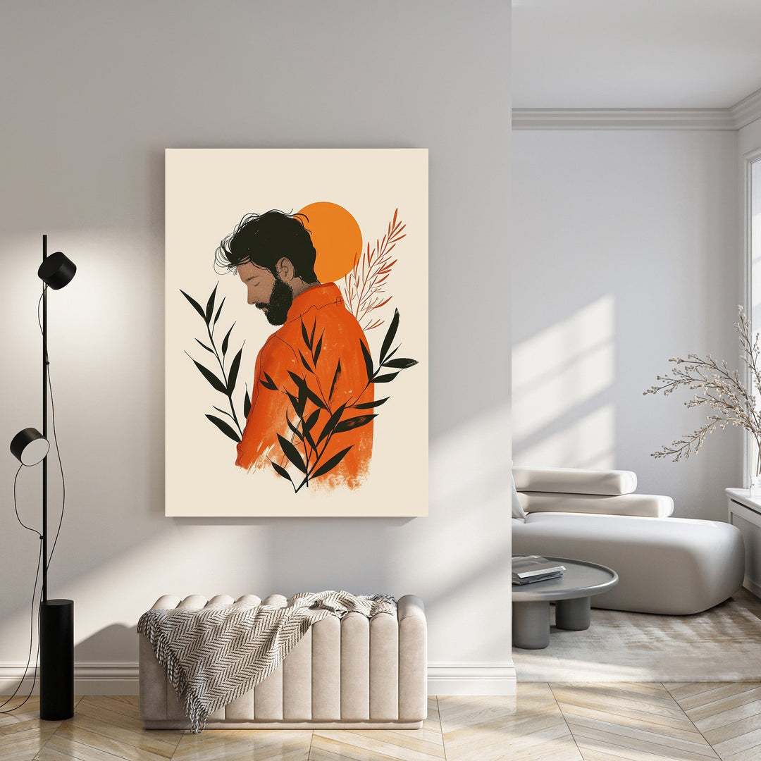 Wadi Home abstract wall art of a man in an orange shirt with black foliage and an orange sun.