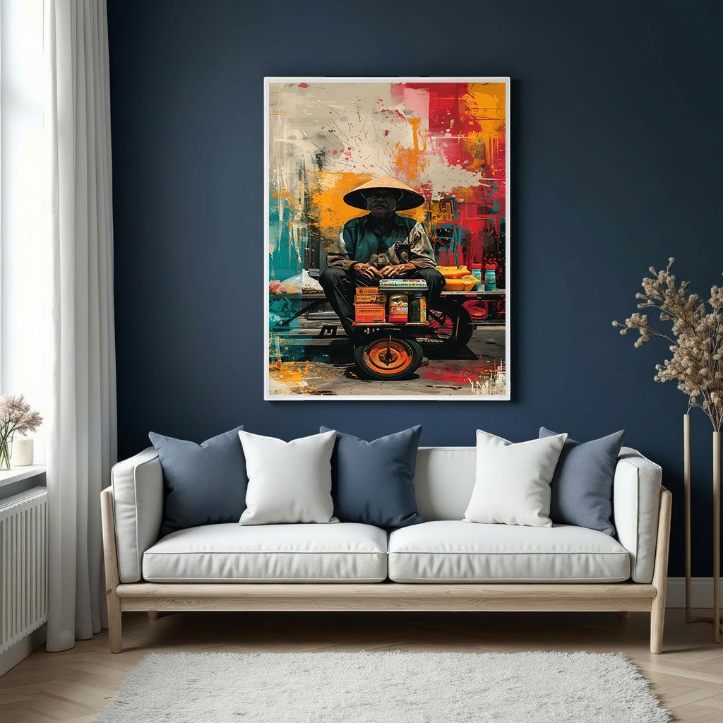 Wadi Home abstract canvas print of a man in a conical hat with vibrant red, yellow, and blue background.