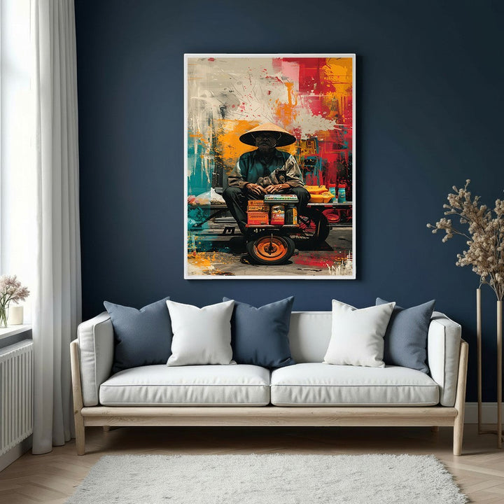 Wadi Home abstract canvas print of a man in a conical hat with vibrant red, yellow, and blue background.