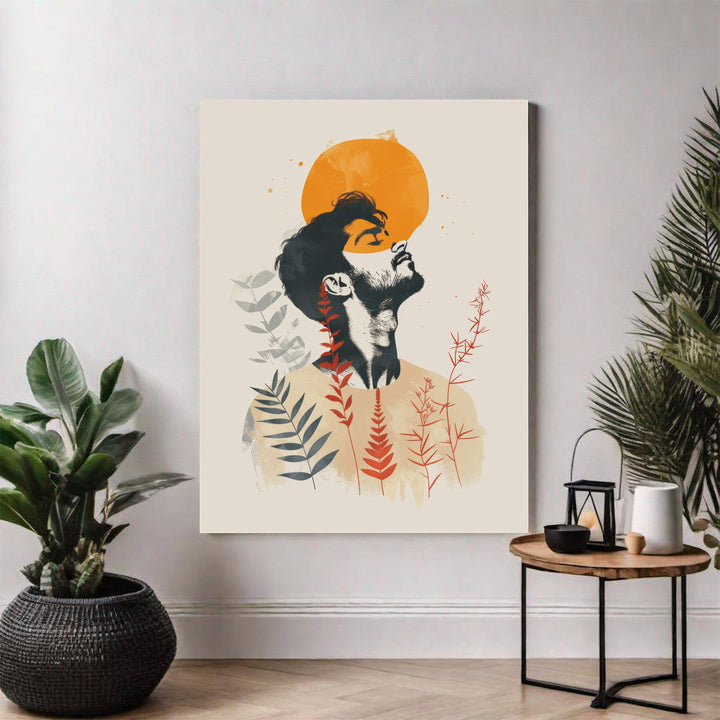 Wadi Home abstract wall art of a man looking up at a sun, with botanical elements in earthy tones.