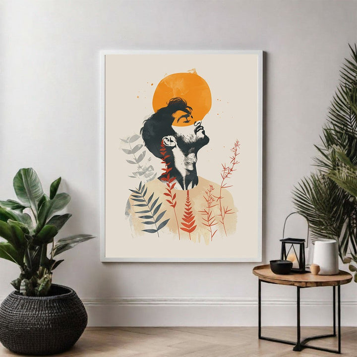 Wadi Home abstract man with sun wall art, featuring a minimalist portrait in earthy tones with botanical elements.