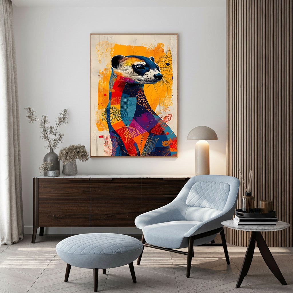 Wadi Home framed abstract meerkat print with vibrant geometric patterns and warm orange background.