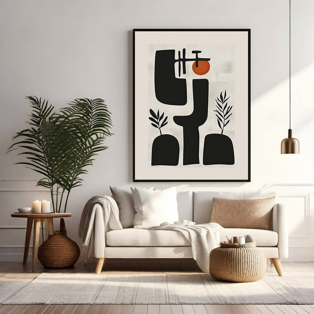 Wadi Home abstract mid century modern wall art with black shapes and a sun accent.