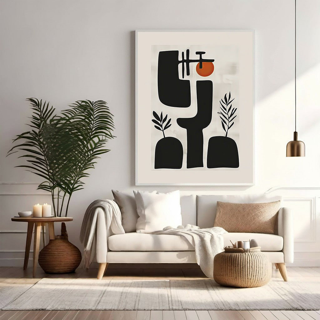 Wadi Home abstract mid-century modern wall art with black shapes and orange sun accent.