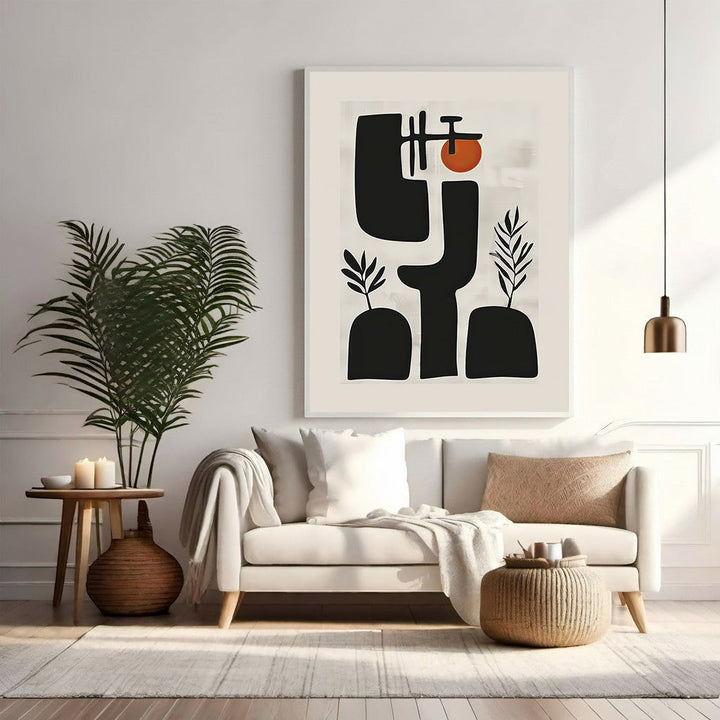 Wadi Home abstract mid-century modern wall art with black shapes and orange sun accent.