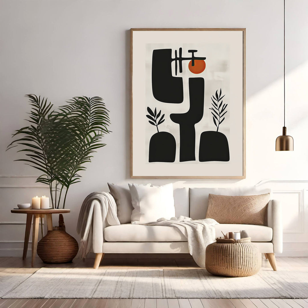Wadi Home abstract mid century modern wall art with black shapes and a sun accent.