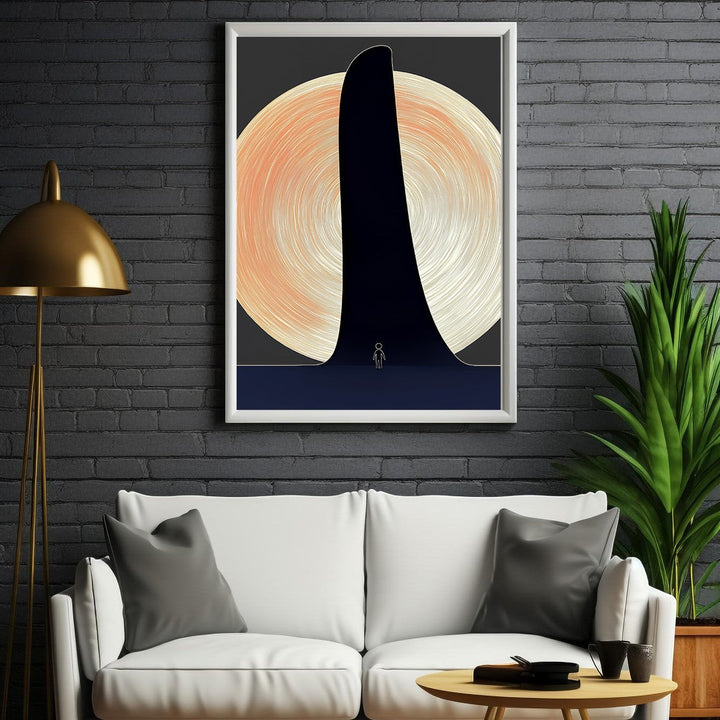 Wadi Home abstract minimalist wall art with dark silhouette against peach and cream textured circle, small figure.