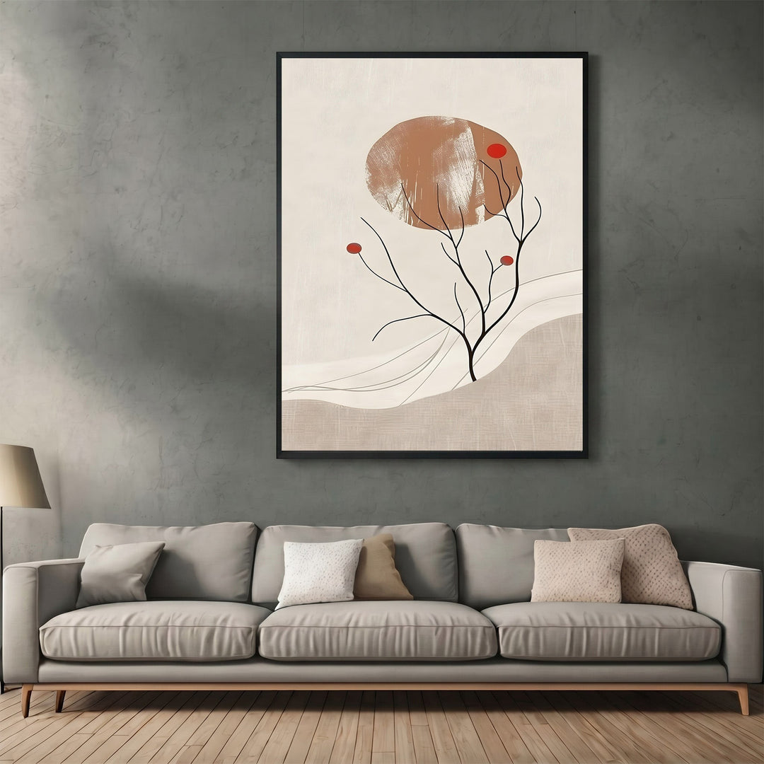 Wadi Home abstract minimalist wall art print with terracotta, beige, and red organic shapes in a black frame.