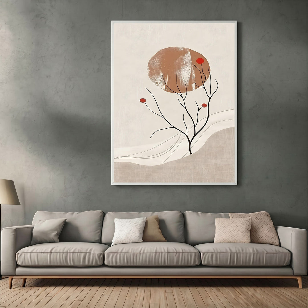 Wadi Home abstract minimalist wall art print featuring terracotta, beige, and red organic shapes above a grey sofa.