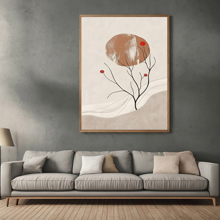 Wadi Home abstract minimalist wall art print with terracotta, beige, and red organic shapes above a modern sofa.