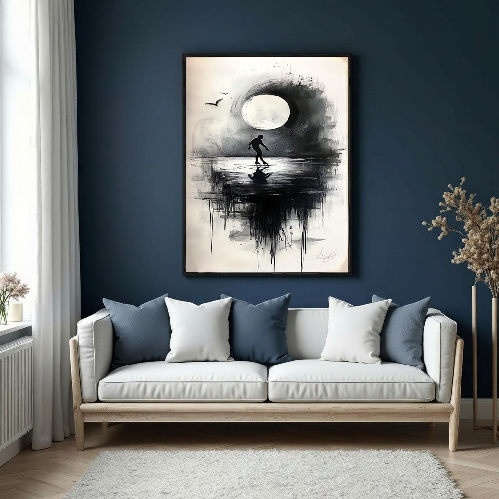 Wadi Home abstract artwork featuring a silhouetted figure under a moon in monochrome black, white, and grey.