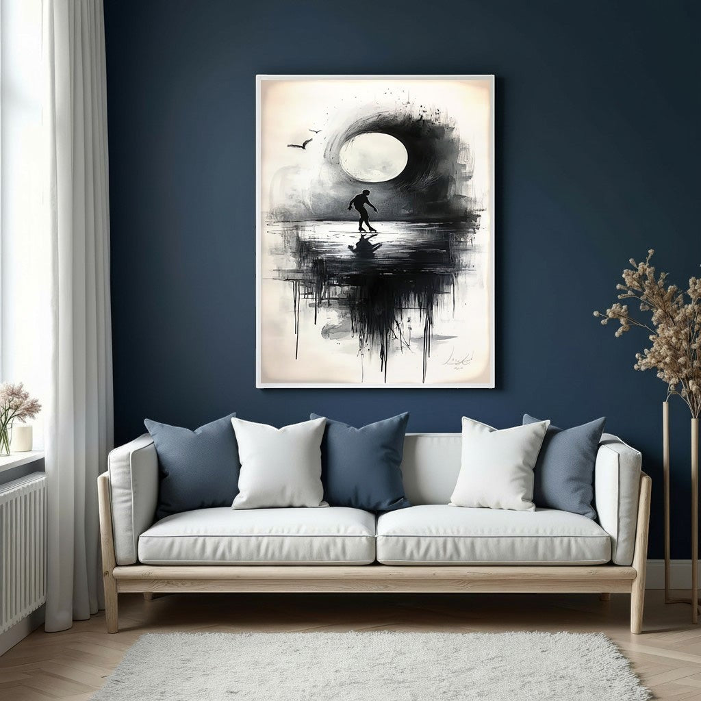 Wadi Home abstract artwork featuring a silhouetted figure under a moon in black, white, and grey tones.