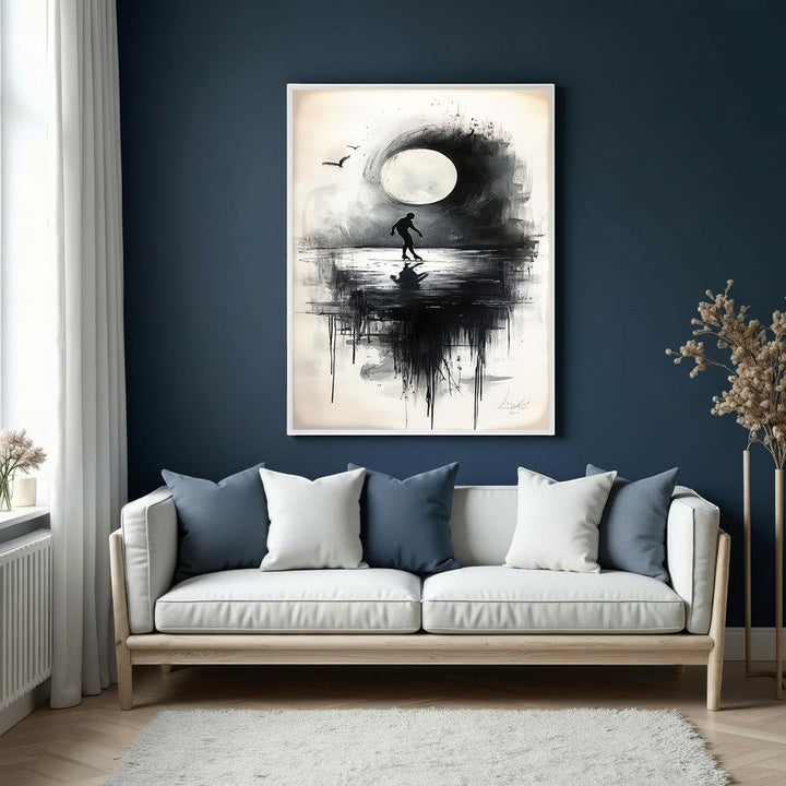 Wadi Home abstract artwork featuring a silhouetted figure under a moon in black, white, and grey tones.
