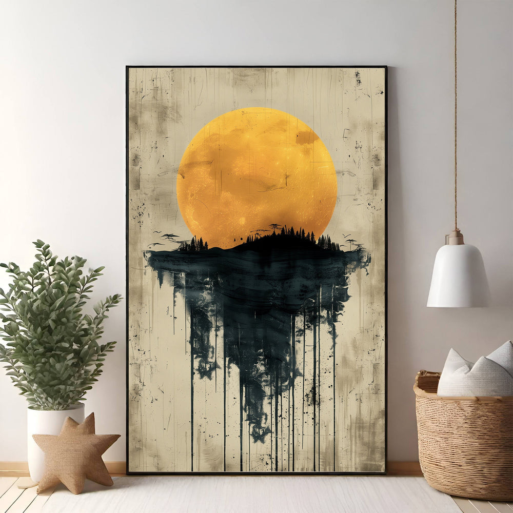 Wadi Home abstract moon forest landscape wall art with a large yellow moon over a dark, dripping forest silhouette.