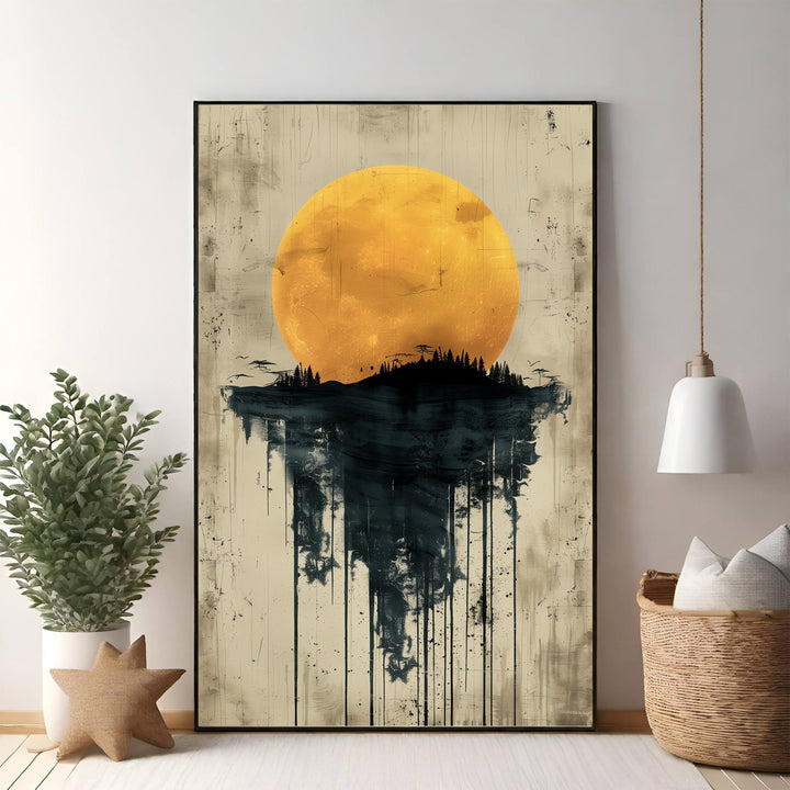 Wadi Home abstract moon forest landscape wall art with a large yellow moon over a dark, dripping forest silhouette.