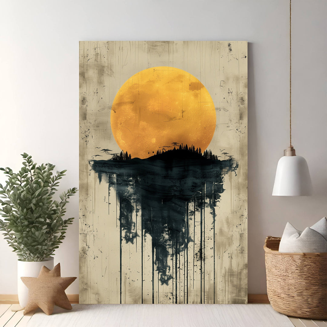 Wadi Home abstract moon forest landscape wall art with a large yellow moon over a dark, dripping forest silhouette.