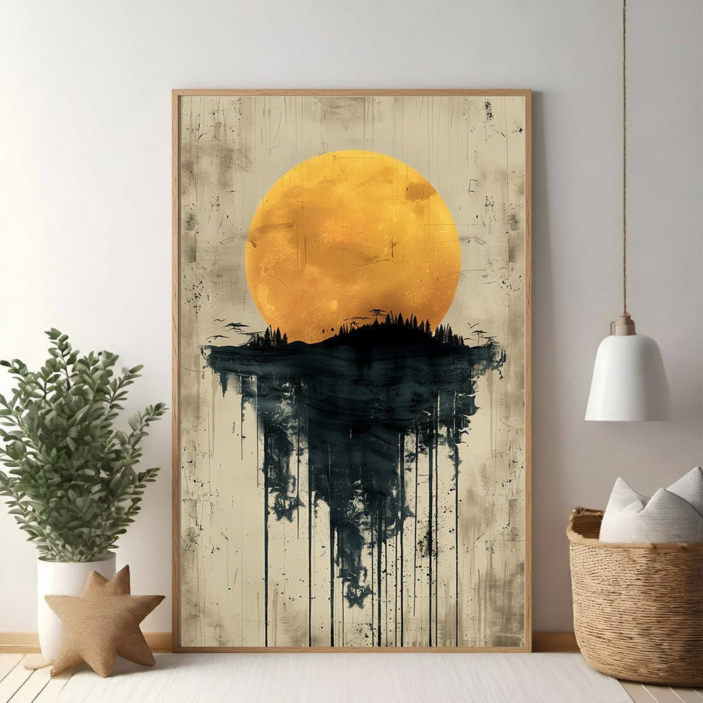 Wadi Home abstract moon forest landscape wall art with a large yellow moon over a dark, dripping forest silhouette.