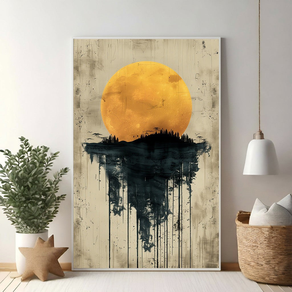 Wadi Home abstract moon forest landscape wall art with a large yellow moon over a dark, dripping forest silhouette.