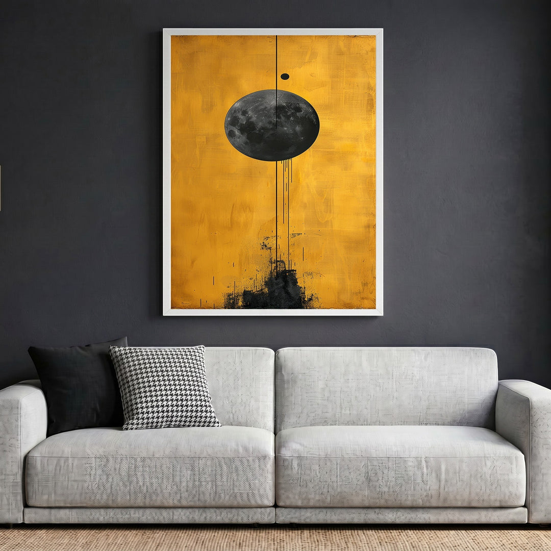 Wadi Home abstract celestial moon wall art print with a textured grey moon on a vibrant golden-yellow background.