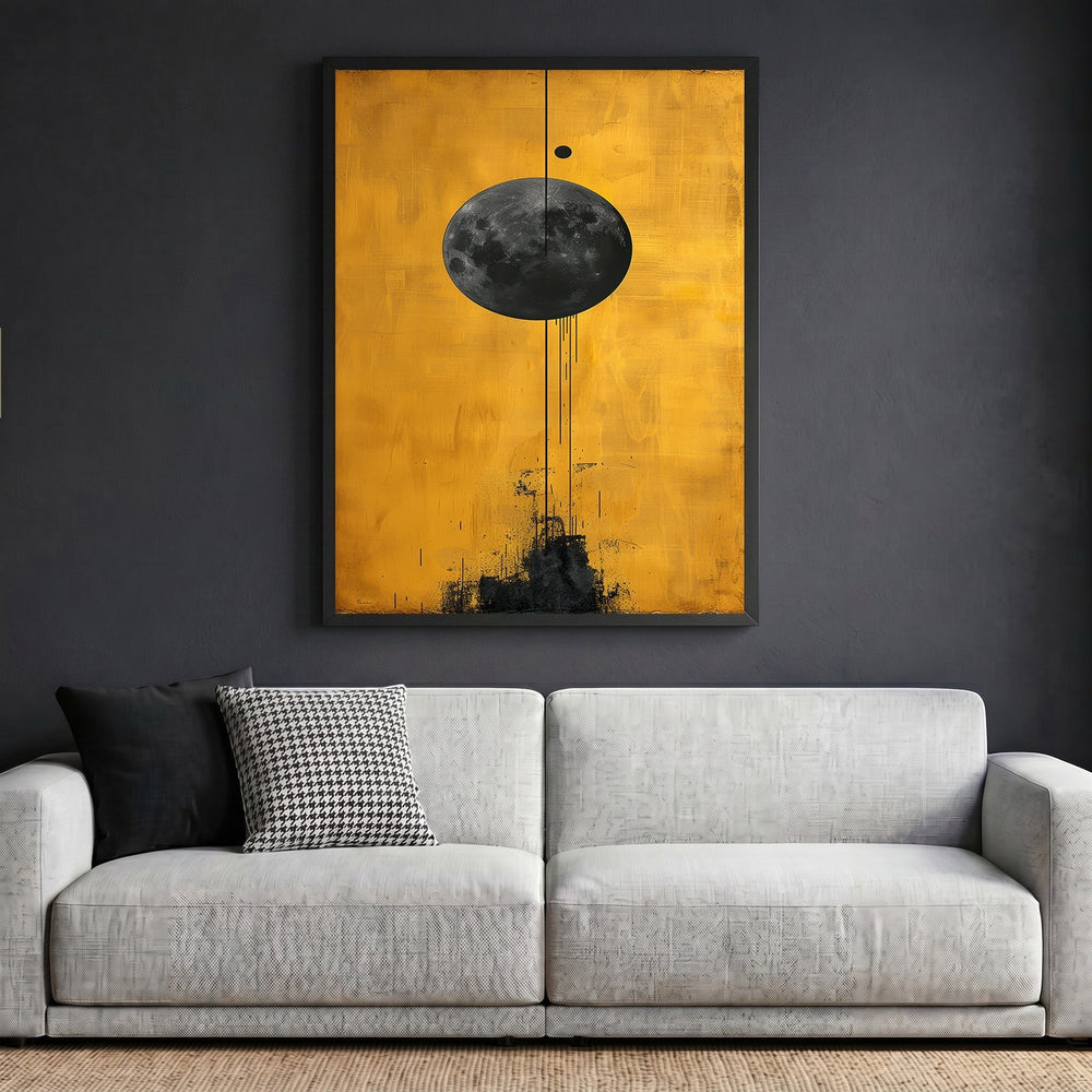 Wadi Home abstract celestial moon wall art print with a textured lunar sphere on a vibrant golden-yellow background.