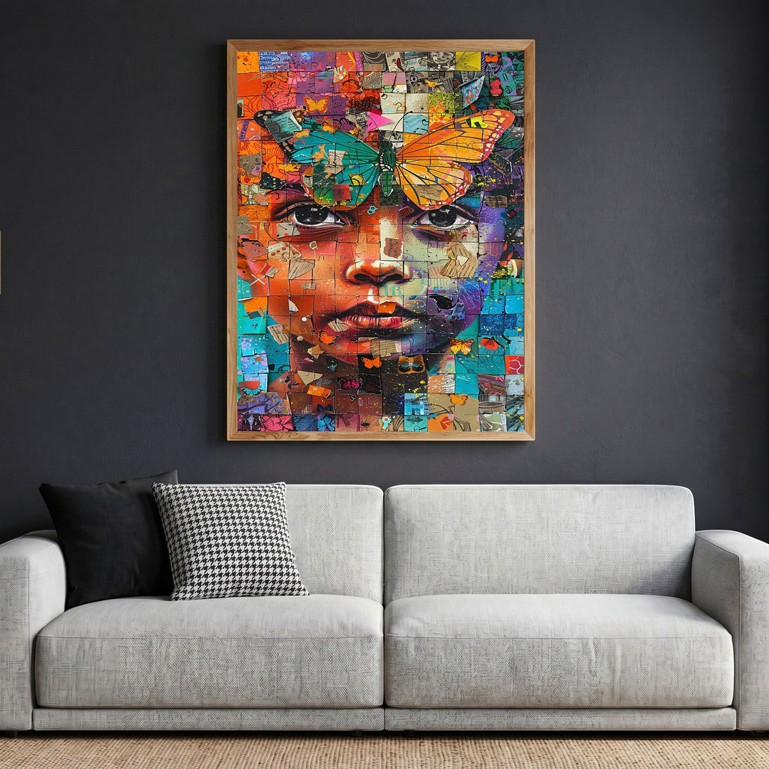 Wadi Home abstract mosaic portrait wall art featuring a face with a butterfly, in vibrant teal and orange tones.