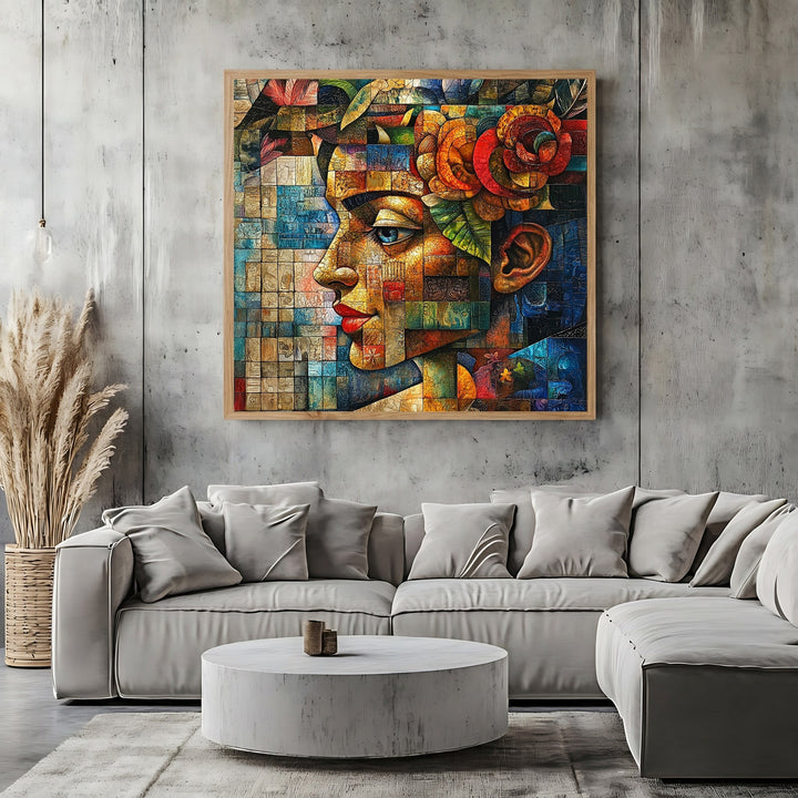 Wadi Home abstract mosaic portrait wall art print featuring vibrant blue, amber, and red floral tones in a living room.