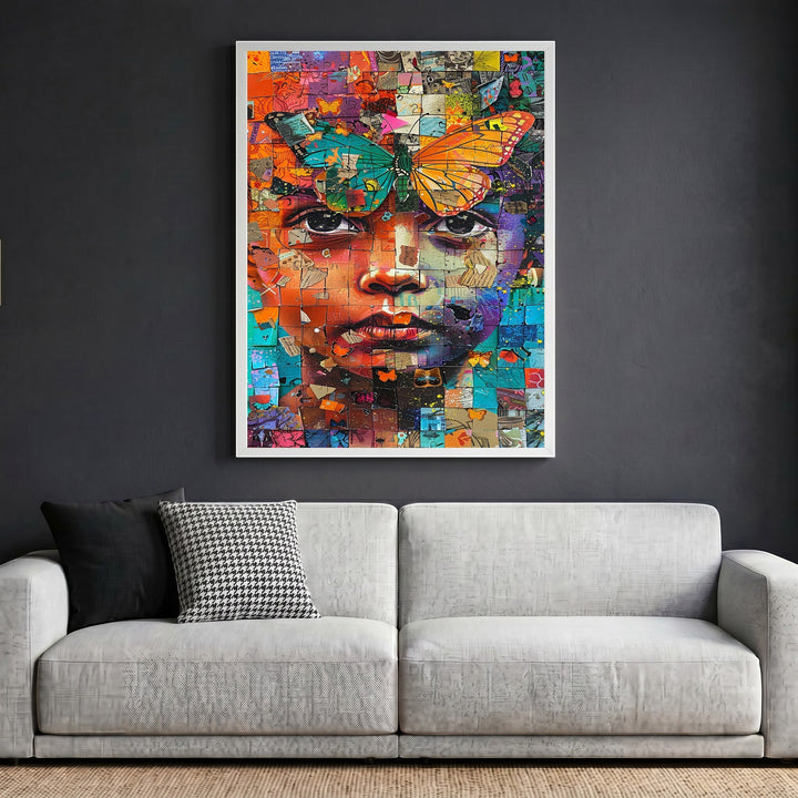 Wadi Home abstract mosaic portrait wall art featuring a face with a butterfly, in vibrant orange and teal tones.