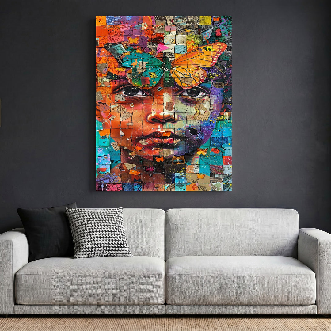 Wadi Home abstract mosaic portrait wall art print featuring a colorful face with a butterfly above a modern sofa.
