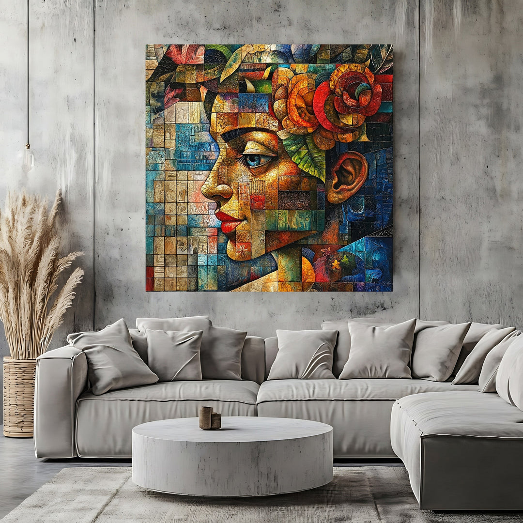 Wadi Home abstract mosaic portrait wall art print featuring vibrant blue, amber, and red geometric profile design.