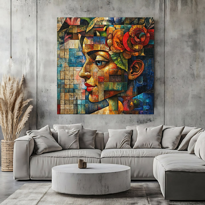 Wadi Home abstract mosaic portrait wall art print featuring vibrant blue, amber, and red geometric profile design.