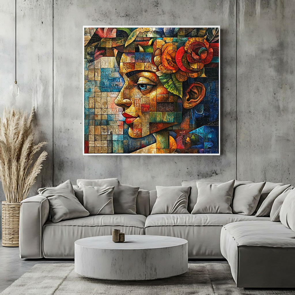 Wadi Home abstract mosaic portrait wall art print featuring vibrant blue, amber, and red tones in a modern living room.