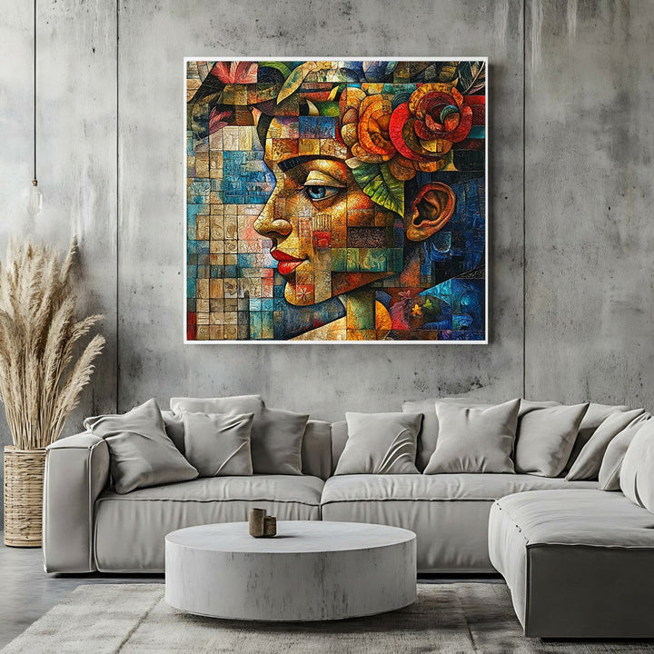 Wadi Home abstract mosaic portrait wall art print featuring vibrant blue, amber, and red tones in a modern living room.