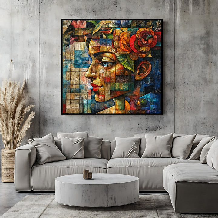 Wadi Home abstract mosaic portrait wall art print featuring a vibrant profile view with blue, amber, and red tones.